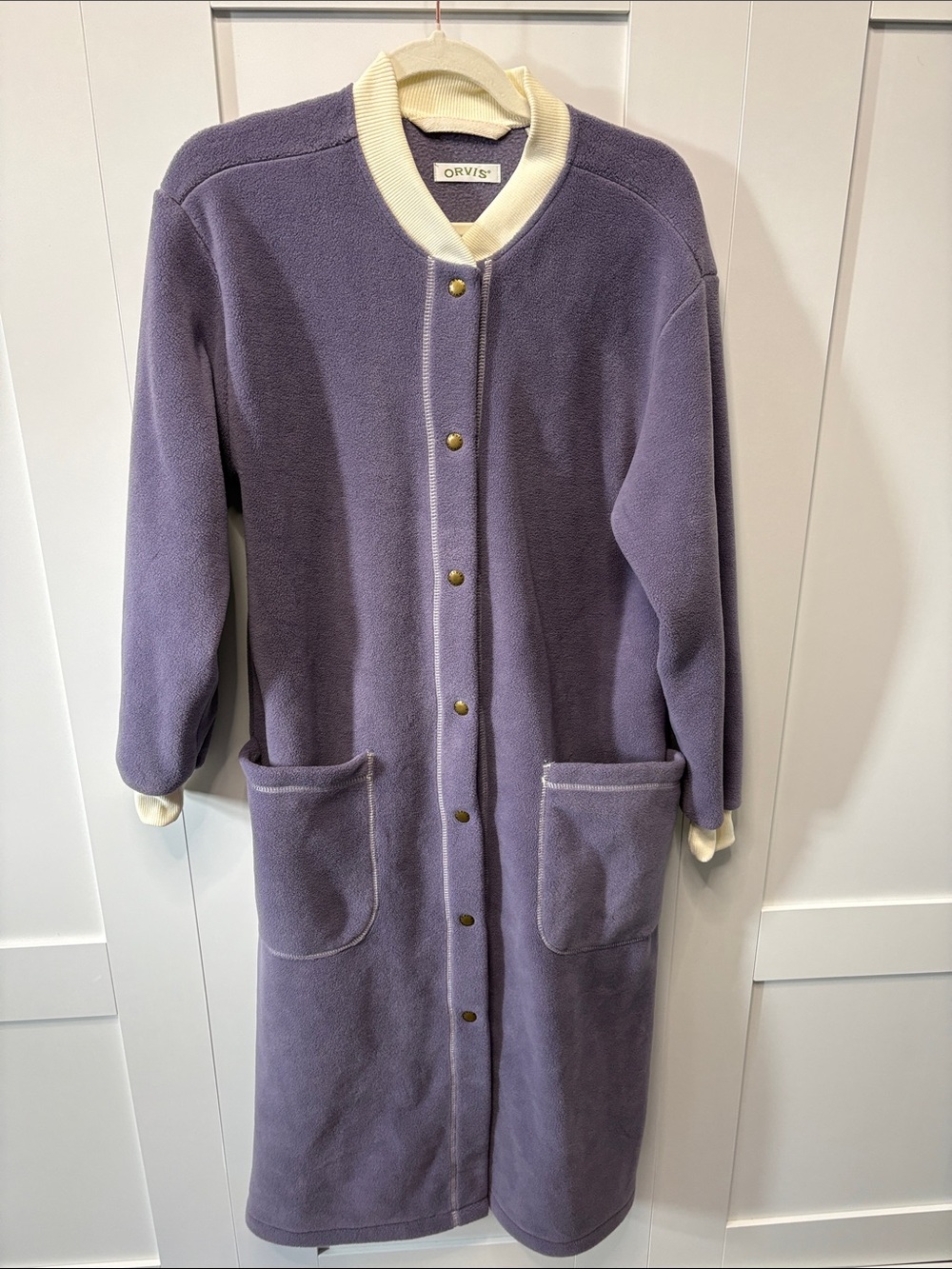 Orvis Lavender Snap-Front Fleece Robe/Duster with Cream Trim - Picture 2 of 7